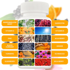 NUTRALIZIZER ingredients in glass bottle highlighting zinc, vitamin C, and elderberry for immune wellness.