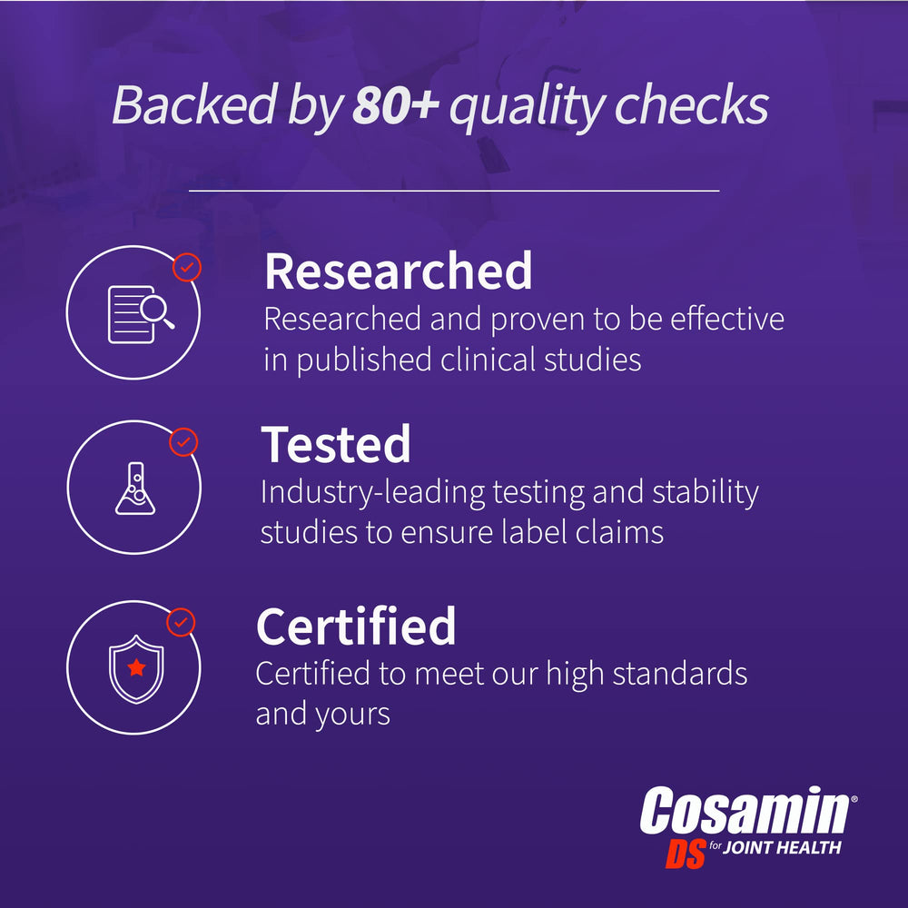 Cosamin DS bottle with glass suggesting routine hydration alongside daily dose