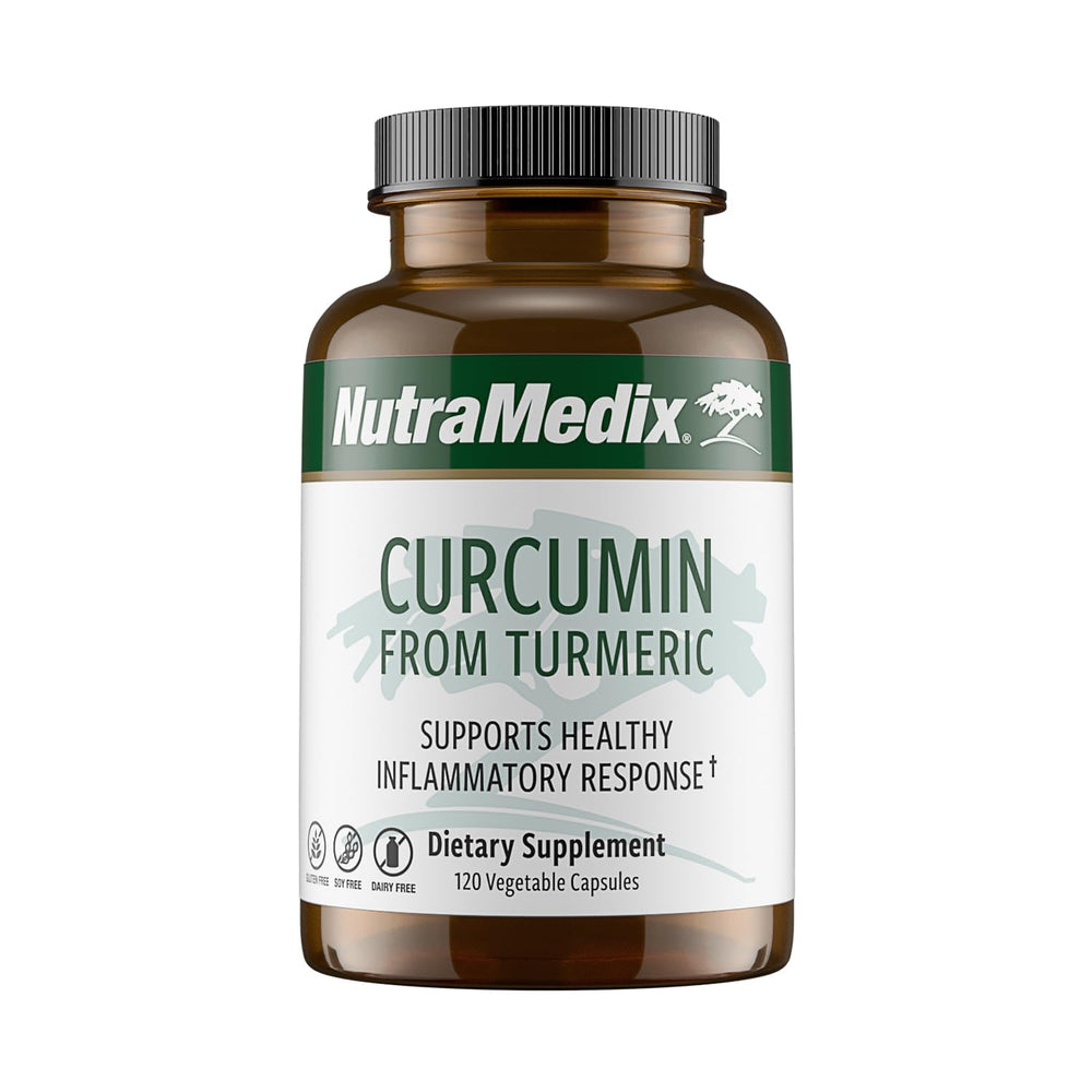 NutraMedix Curcumin bottle with capsules supports healthy inflammatory response.