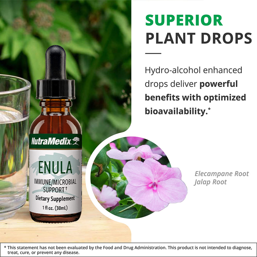 NutraMedix Enula dropper close-up emphasizes user-friendly dosing