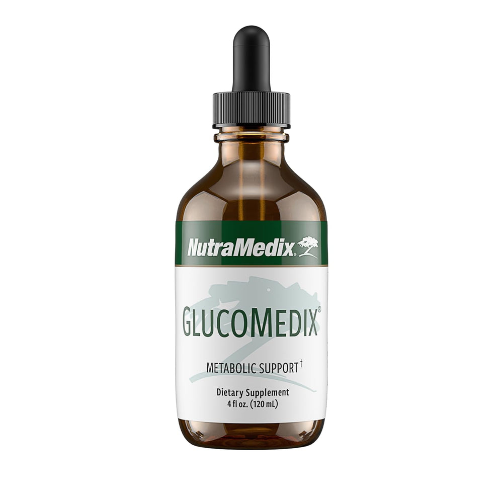 NutraMedix GlucoMedix bottle with dropper near glass, highlighting easy-to-use liquid support.