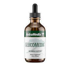 NutraMedix GlucoMedix bottle with dropper near glass, highlighting easy-to-use liquid support.