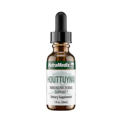NutraMedix Houttuynia bottle pour shows easy daily use for digestion support.