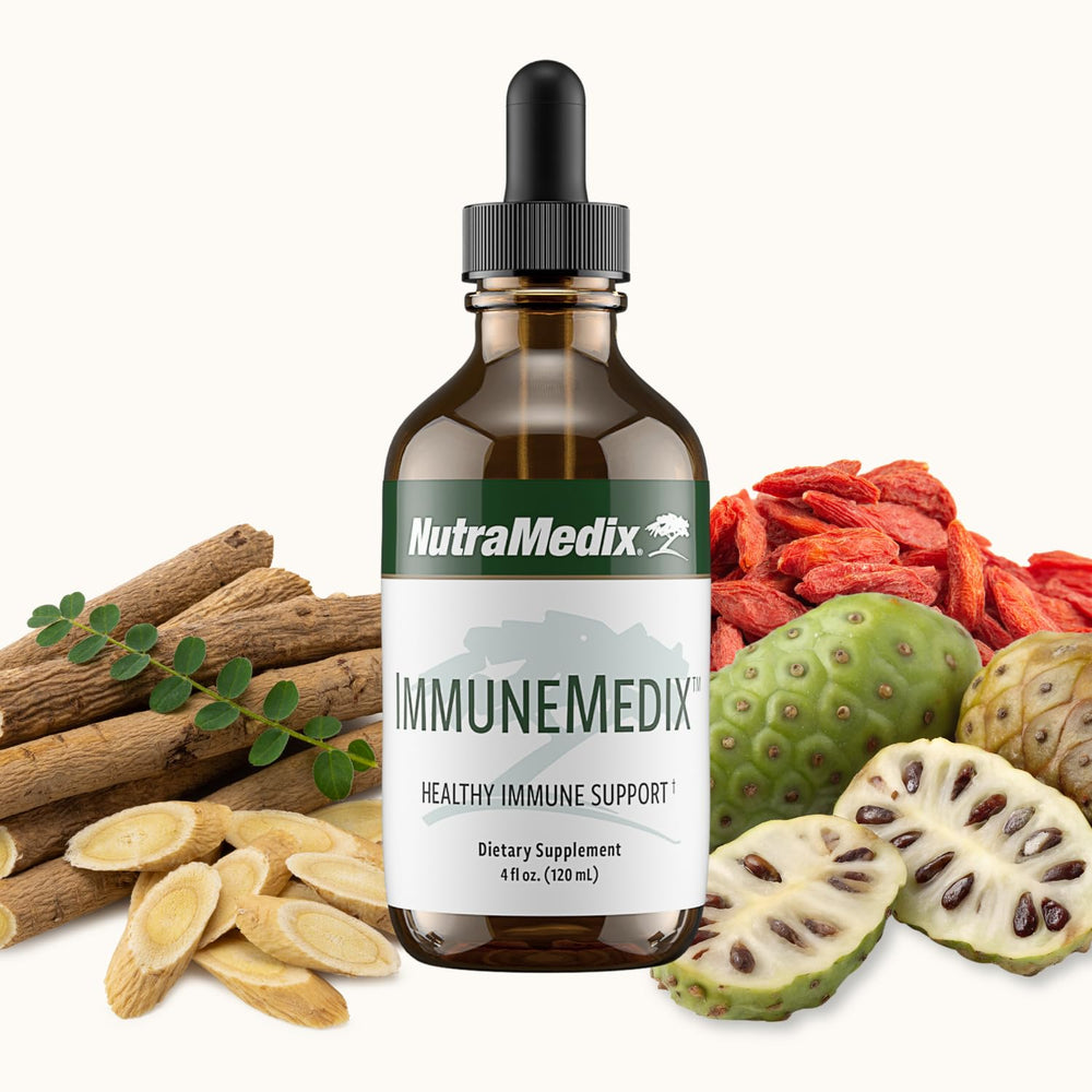 NutraMedix ImmuneMedix bottle pour demonstrates easy dosing during routines.