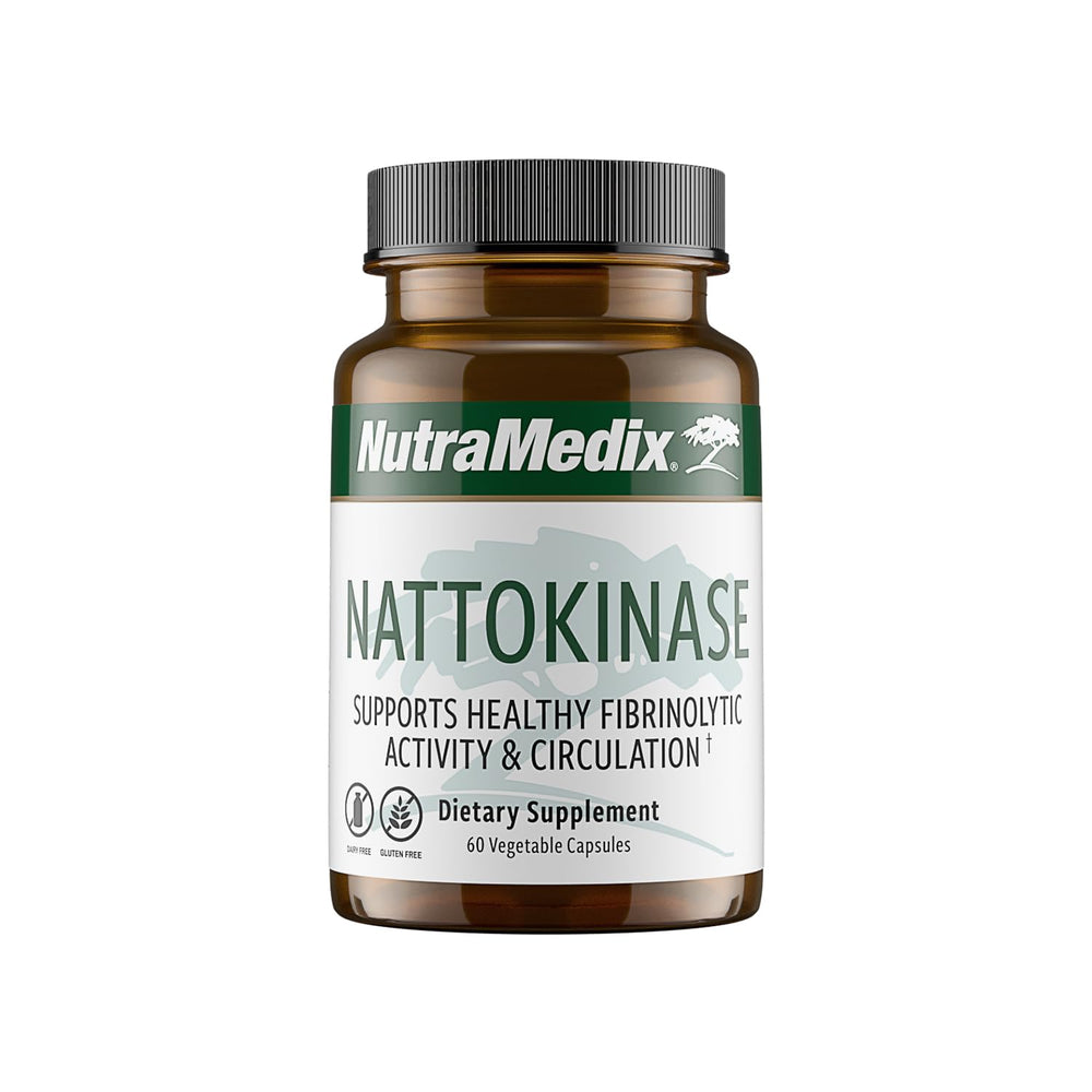 NutraMedix Nattokinase bottle label highlighting 2000 FU per serving for circulation support.
