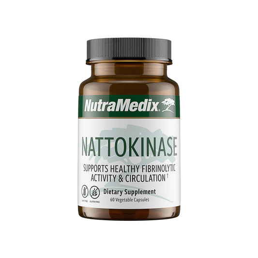 NutraMedix Nattokinase bottle label highlighting 2000 FU per serving for circulation support.