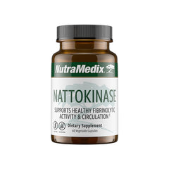 NutraMedix Nattokinase bottle label highlighting 2000 FU per serving for circulation support.
