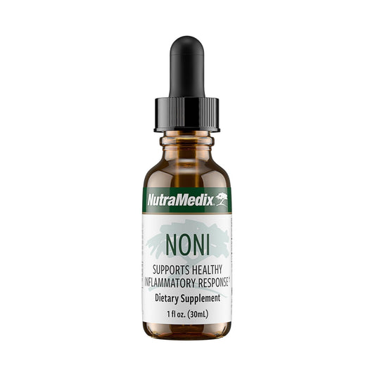 NutraMedix Noni Drops bottle with dropper, supporting daily immune health and antioxidant activity.