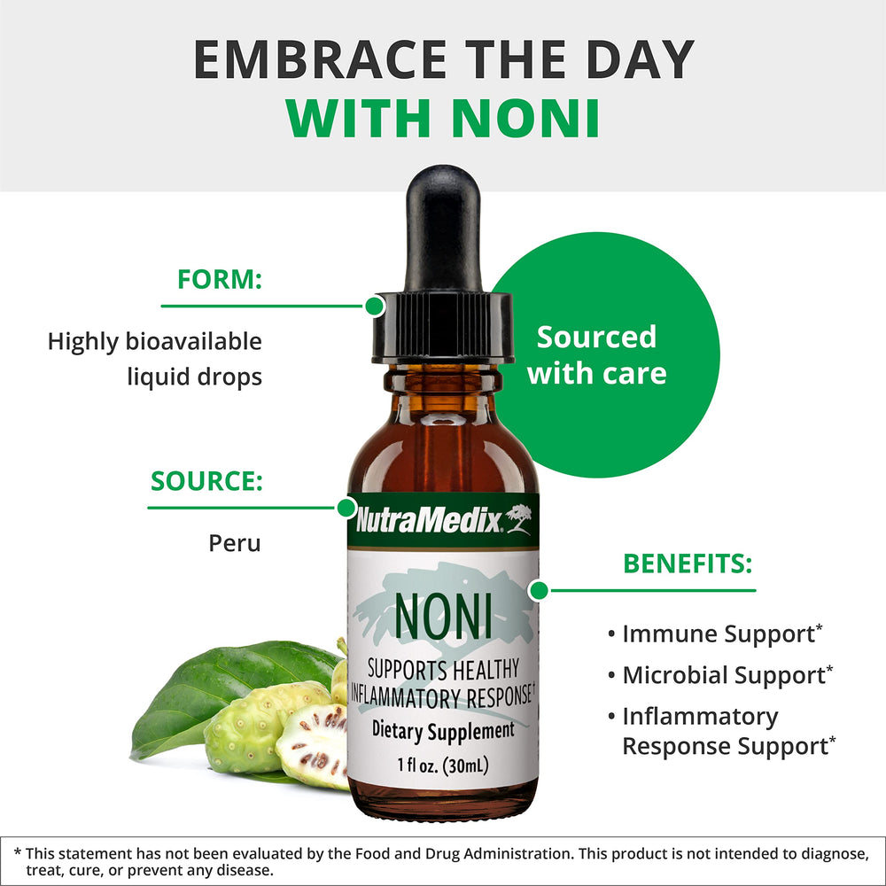 NutraMedix Noni Drops packaging label detailing ingredients and serving size.