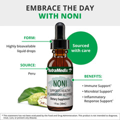 NutraMedix Noni Drops packaging label detailing ingredients and serving size.