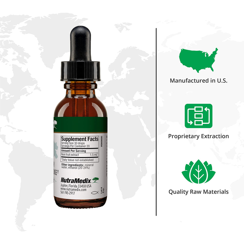 NutraMedix Noni Drops pour spout shown for easy dosing in daily wellness.