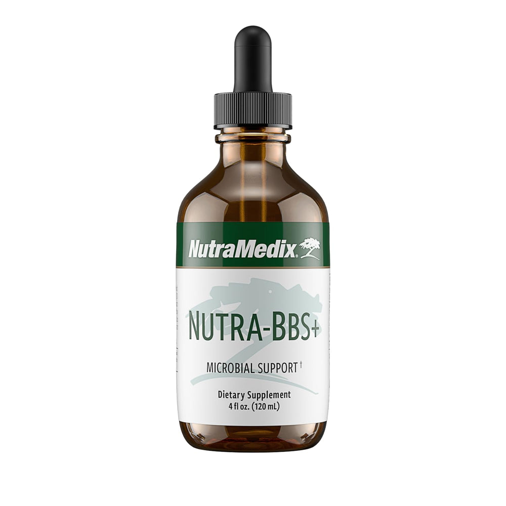 NutraMedix Nutra-BBS+ bottle label highlights microbial and antioxidant support.