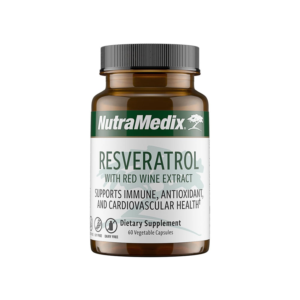NutraMedix Resveratrol bottle front shows compact packaging for daily use