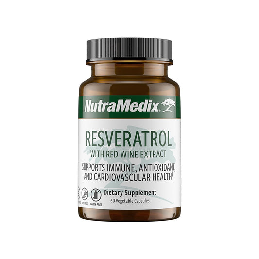 NutraMedix Resveratrol bottle front shows compact packaging for daily use