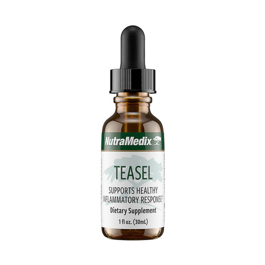 NutraMedix Teasal Extract bottle pour illustrates easy dosing for daily antioxidant support.