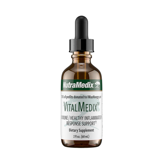 NutraMedix VitalMedix bottle label highlights cat's claw and moringa for immune support.