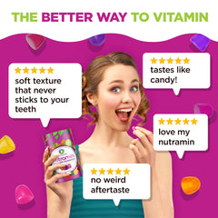 Nutramin label noting stevia-sweetened, natural flavor for healthier snacking
