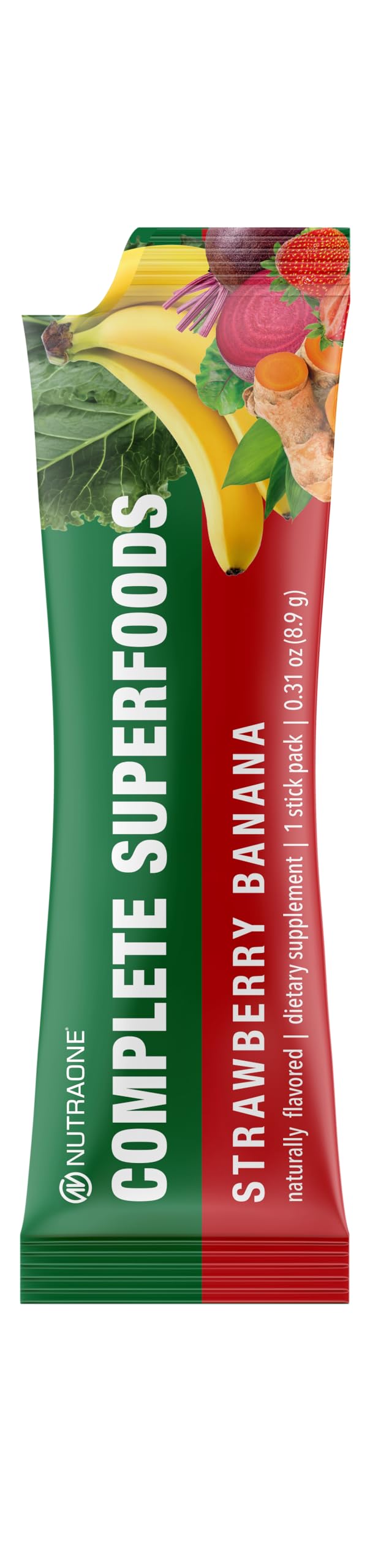 NutraOne Complete Superfoods Strawberry Banana flavor scoop ready to mix.