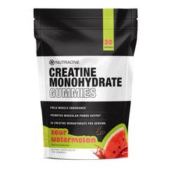 NutraOne Creatine Gummies bottle close-up, sour watermelon flavor for on-the-go fuel