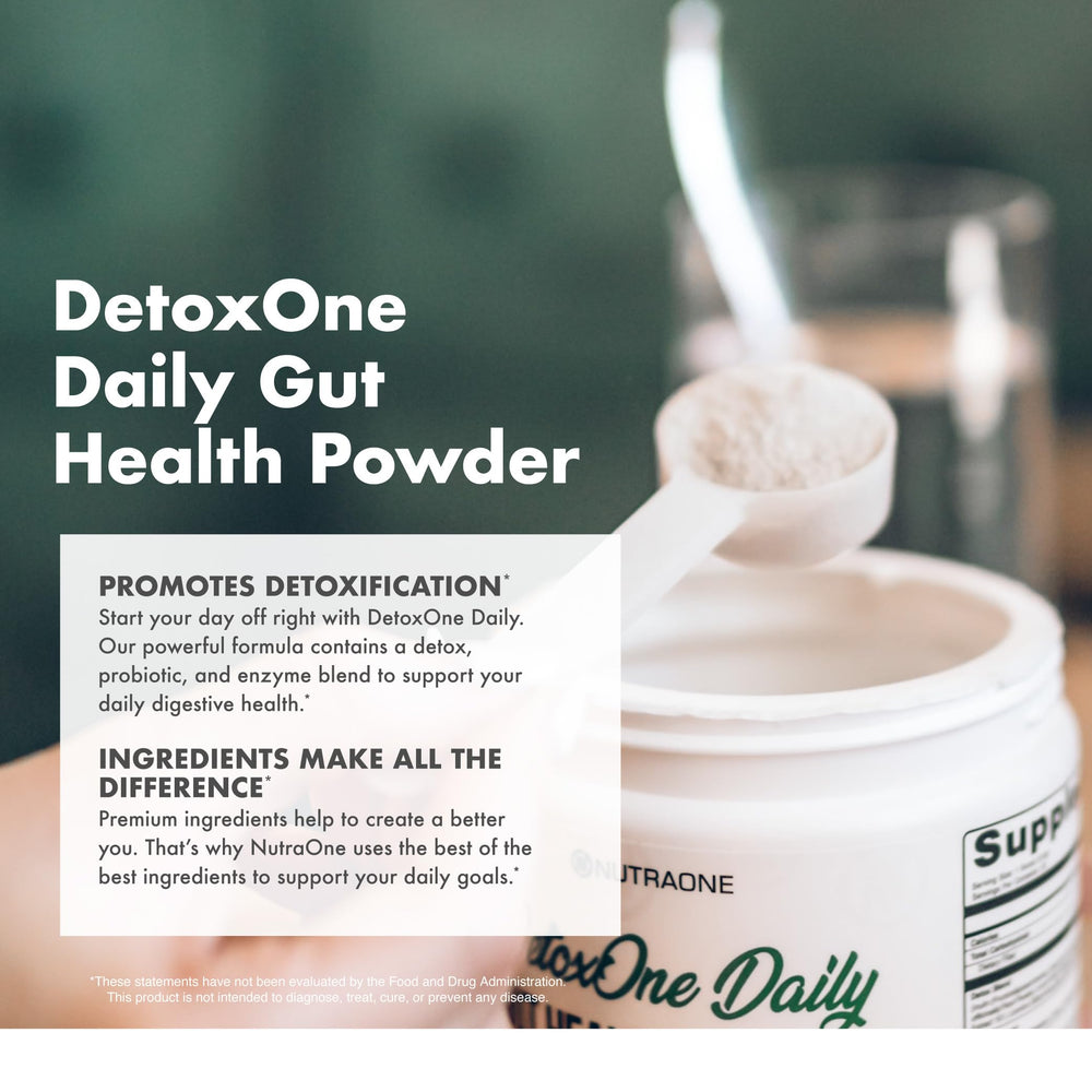 NutraOne DetoxOne Daily packaging highlighting digestive health focus.