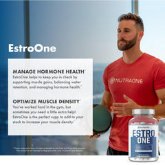 NutraOne EstroOne bottle beside gym accessories suggests daily use.
