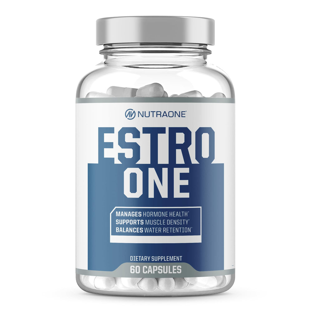 NutraOne EstroOne bottle promotes masculine hormone balance for workouts.