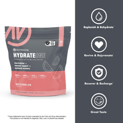 NutraOne HydrateOne electrolyte graphic, highlights minerals for balanced hydration.