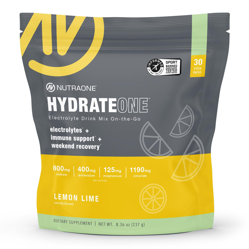 NutraOne HydrateOne bottle with lemon-lime flavor for on-the-go hydration.