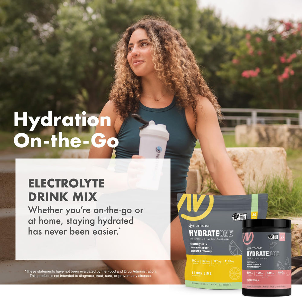 NutraOne HydrateOne ingredients list shows minerals and vitamins for hydration support.