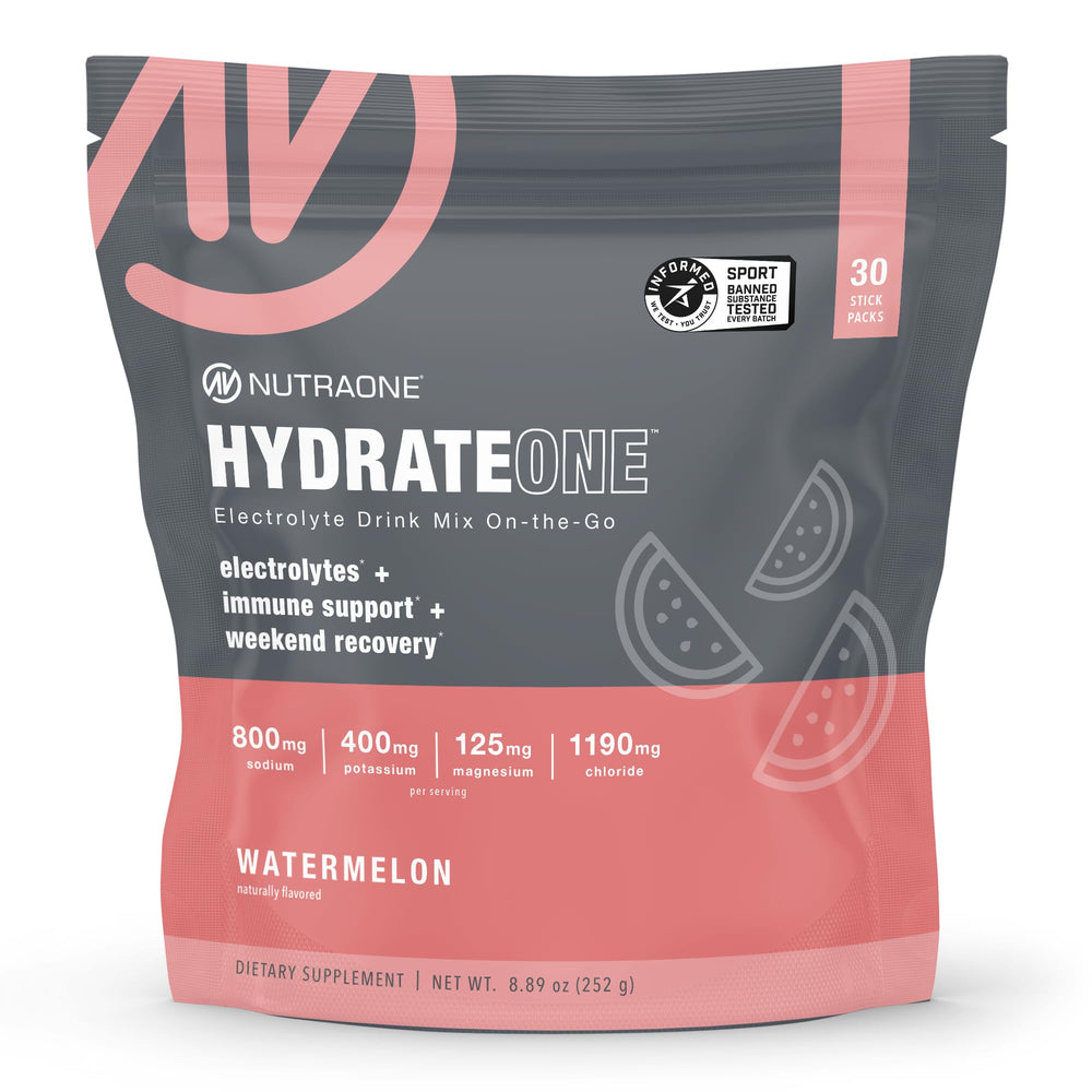 NutraOne HydrateOne watermelon packaging, premium electrolyte mix for convenient on-the-go hydration.