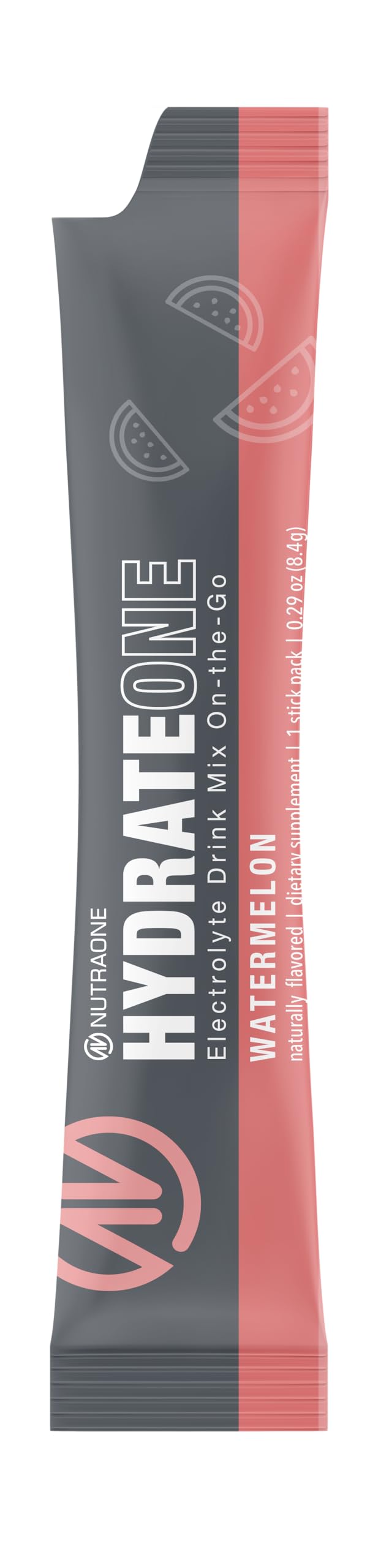 NutraOne HydrateOne watermelon powder pour, vivid flavor and quick electrolyte replenishment.