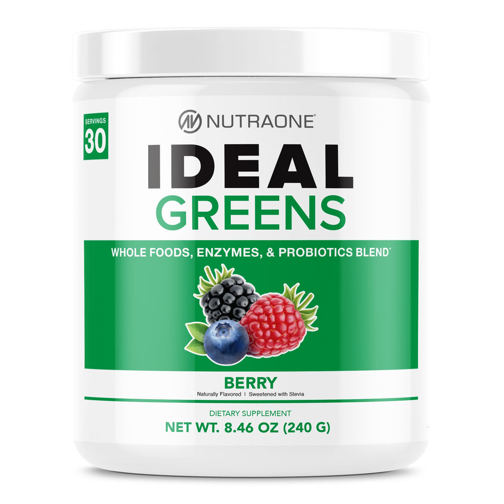 NutraOne Ideal Greens Berry Powder Bottle shows antioxidant-rich daily greens for convenient use.