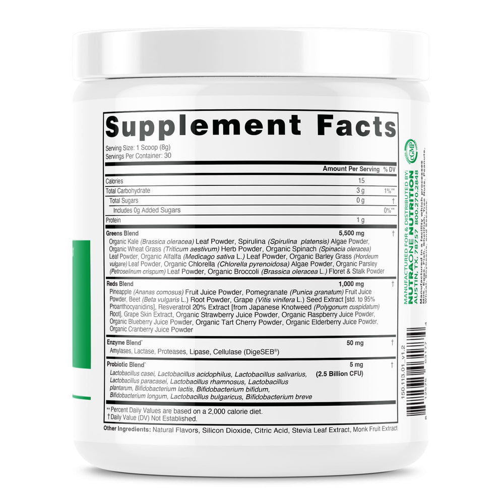 NutraOne Ideal Greens ingredients panel featuring spirulina, kale, spinach for a balanced blend.