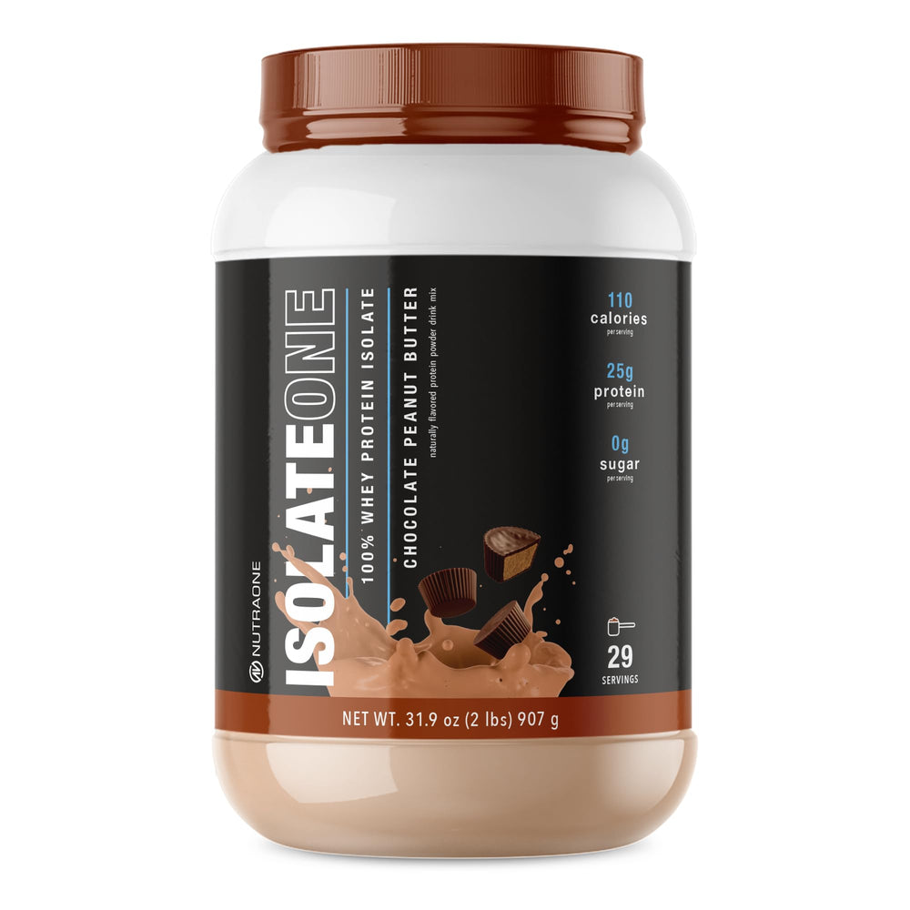 NutraOne IsolateOne bottle displaying pure whey protein isolate for clean fueling.
