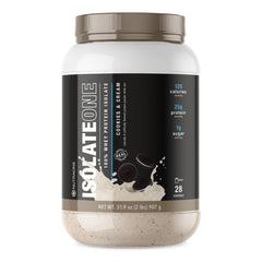 NutraOne IsolateOne Cookies & Cream bottle front highlighting pure whey isolate for lean muscle support