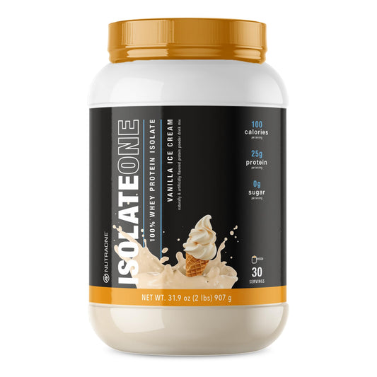 NutraOne IsolateOne vanilla shake bottle ready for post-workout nutrition