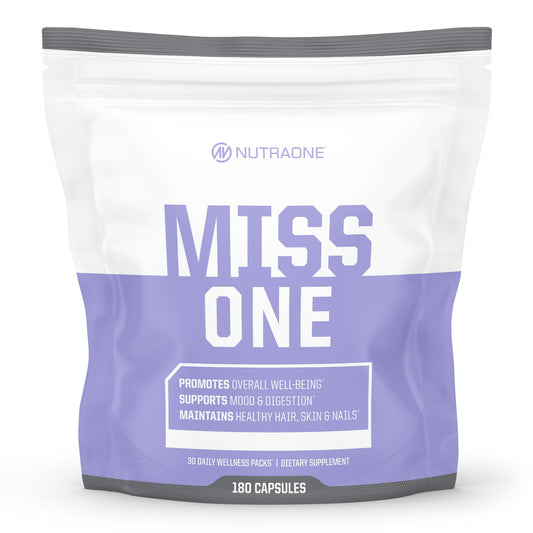 NutraOne MissOne daily pack bottle for convenient, all-in-one wellness support.