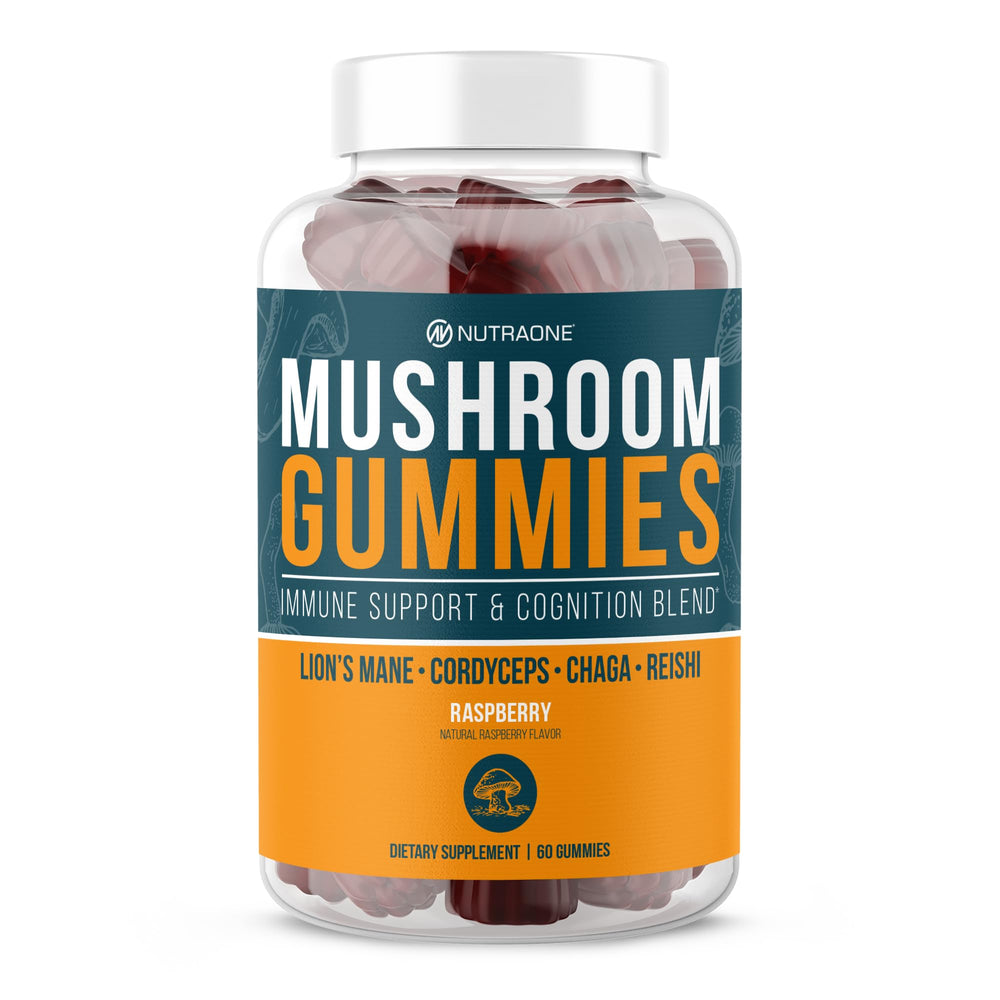 NutraOne Mushroom Gummies Raspberry bottle for daily wellness.