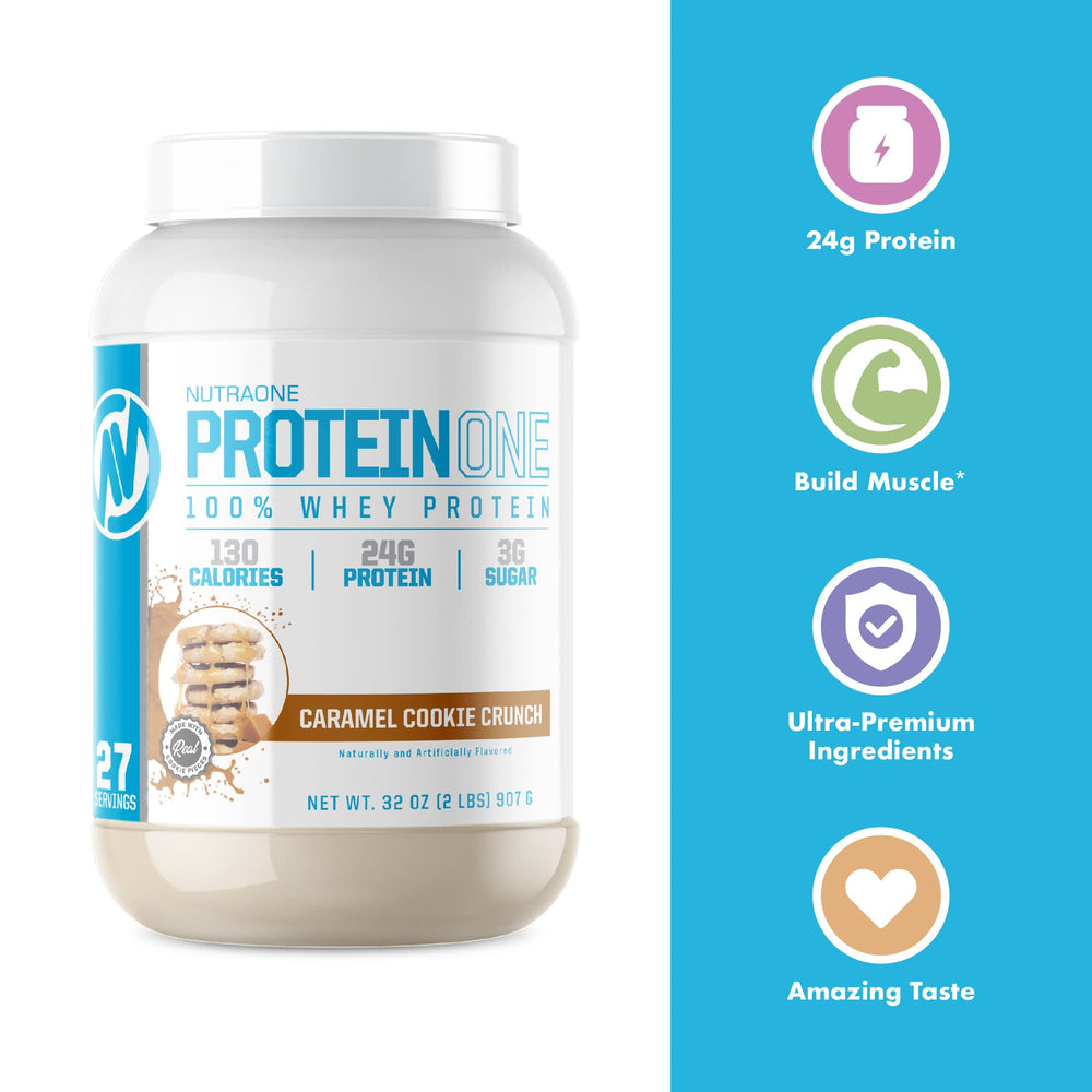 NutraOne ProteinOne ingredients panel closeup, emphasizing clean formulation.