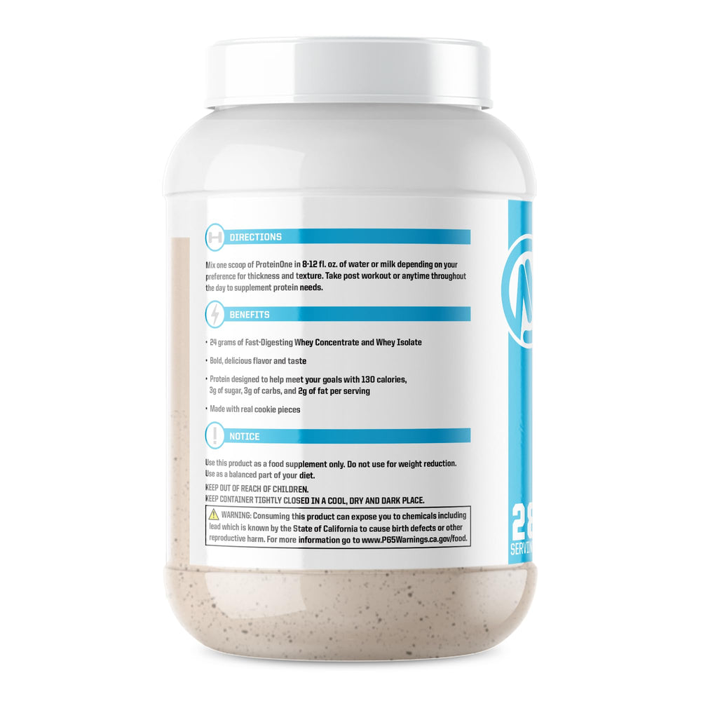 ProteinOne scoop beside tub for quick protein boosts