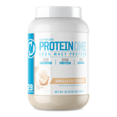 NutraOne ProteinOne Vanilla Ice Cream bottle showing low-sugar whey formula