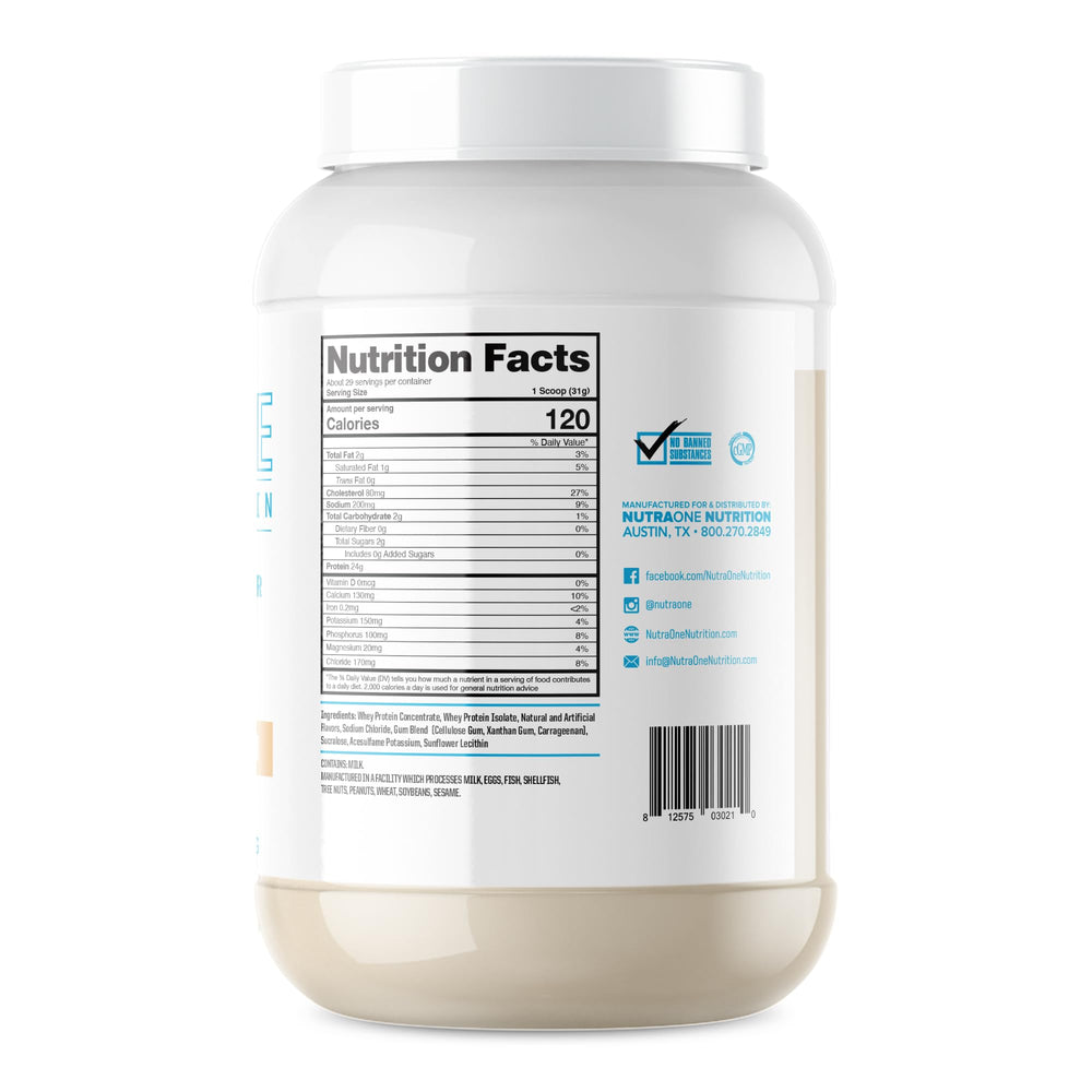 NutraOne ProteinOne vanilla label highlights micro-filtered whey benefits
