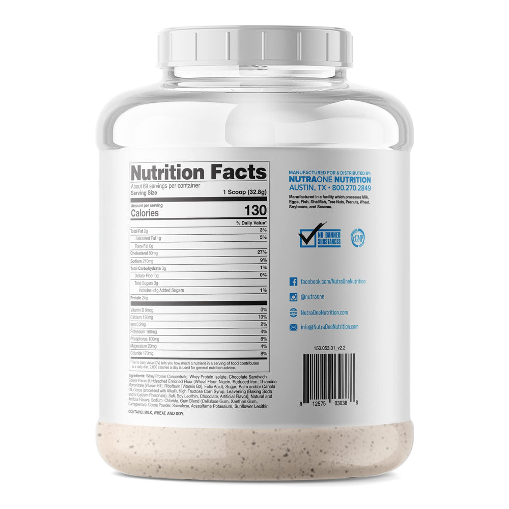 NutraOne ProteinOne micro-filtered whey close-up showing high protein ratio.