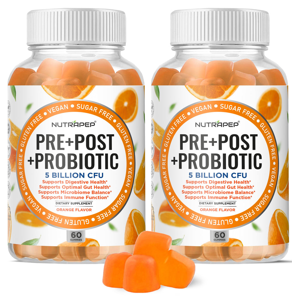 NutraPep bottle front with gummies, highlighting sugar-free and gluten-free benefits for all ages.