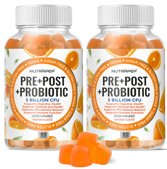 NutraPep bottle front with gummies, highlighting sugar-free and gluten-free benefits for all ages.