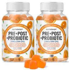 NutraPep bottle front with gummies, highlighting sugar-free and gluten-free benefits for all ages.
