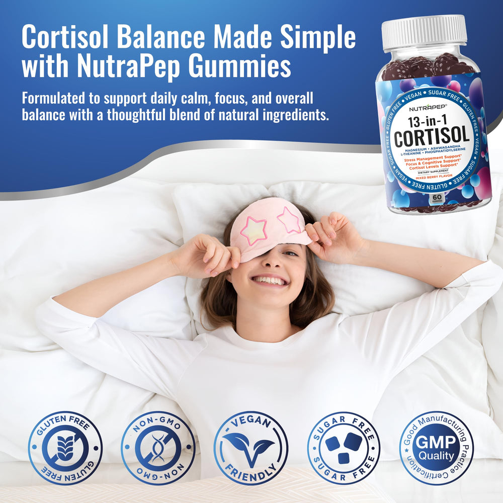 NutraPep Cortisol Gummies pack inside box highlighting daily wellness
