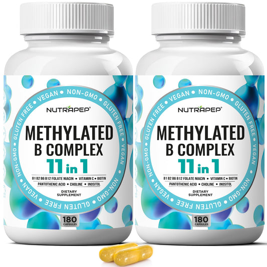 NutraPep Methylated B Complex bottle label highlights 11 essential nutrients for daily energy
