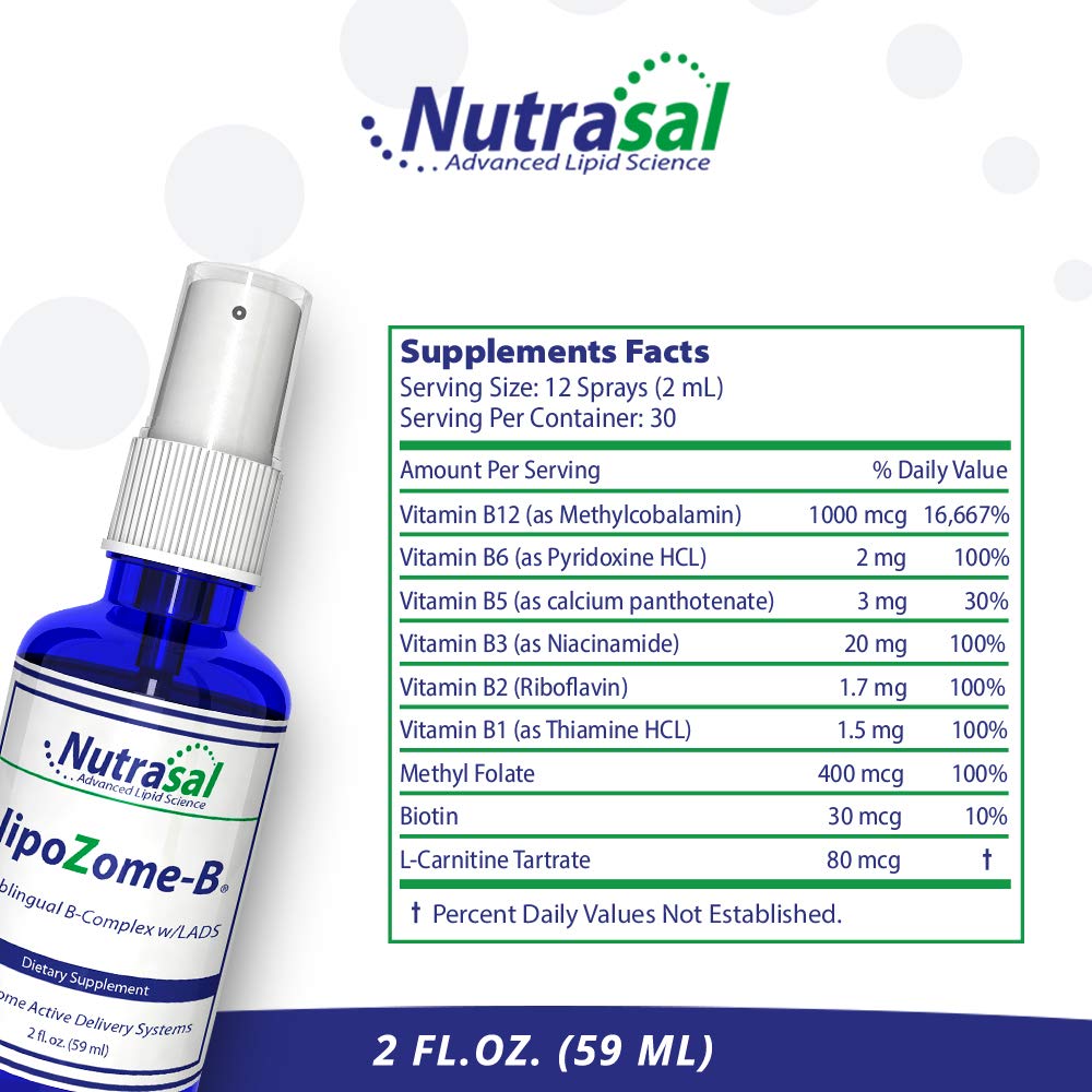 Nutrasal LipoZome B-Complex spray label close-up showing ingredients for energy