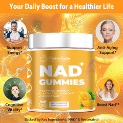 NUTRATASTE NAD⁺ Gummies ingredient panel showing NR and Resveratrol.